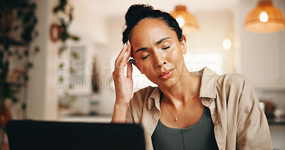 Buy stock photo Laptop, remote work and stress with woman in home for planning burnout or research fatigue. Anxiety, computer and headache with freelance employee in apartment for brain fog, deadline or pressure