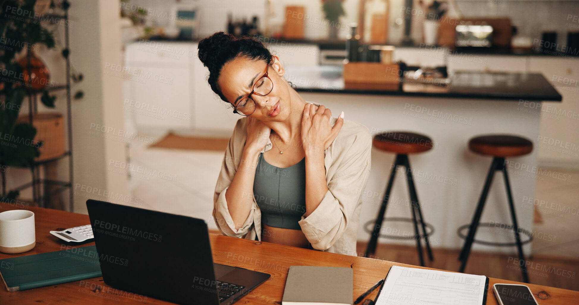 Buy stock photo Laptop, neck pain and remote work with woman in home for planning burnout or research fatigue. Anxiety, computer and posture with freelance employee in apartment for brain fog, deadline or pressure