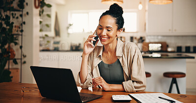 Buy stock photo Laptop, smile and woman with phone call for remote work, verification and vendor management for contact. Tech, home or freelance event planner with schedule for coordination, talk or venue setup info