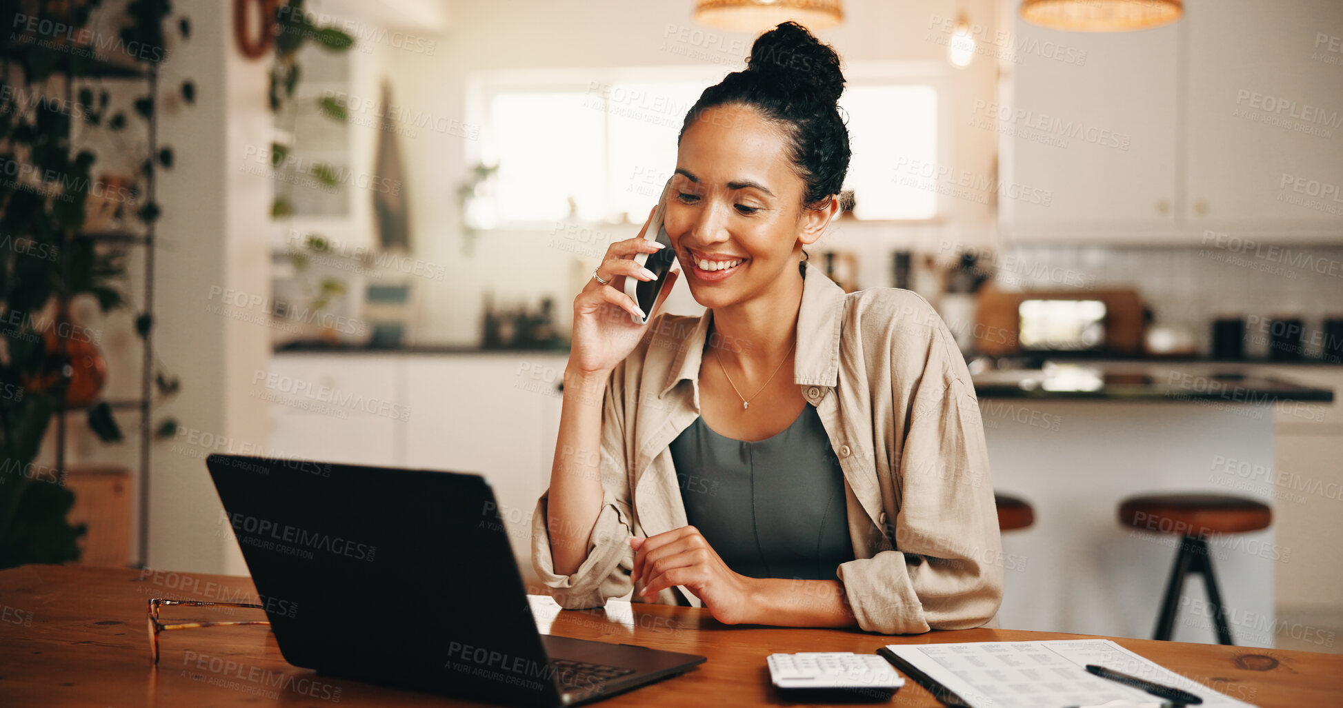 Buy stock photo Laptop, smile and woman with phone call for remote work, verification and vendor management for contact. Tech, home or freelance event planner with schedule for coordination, talk or venue setup info