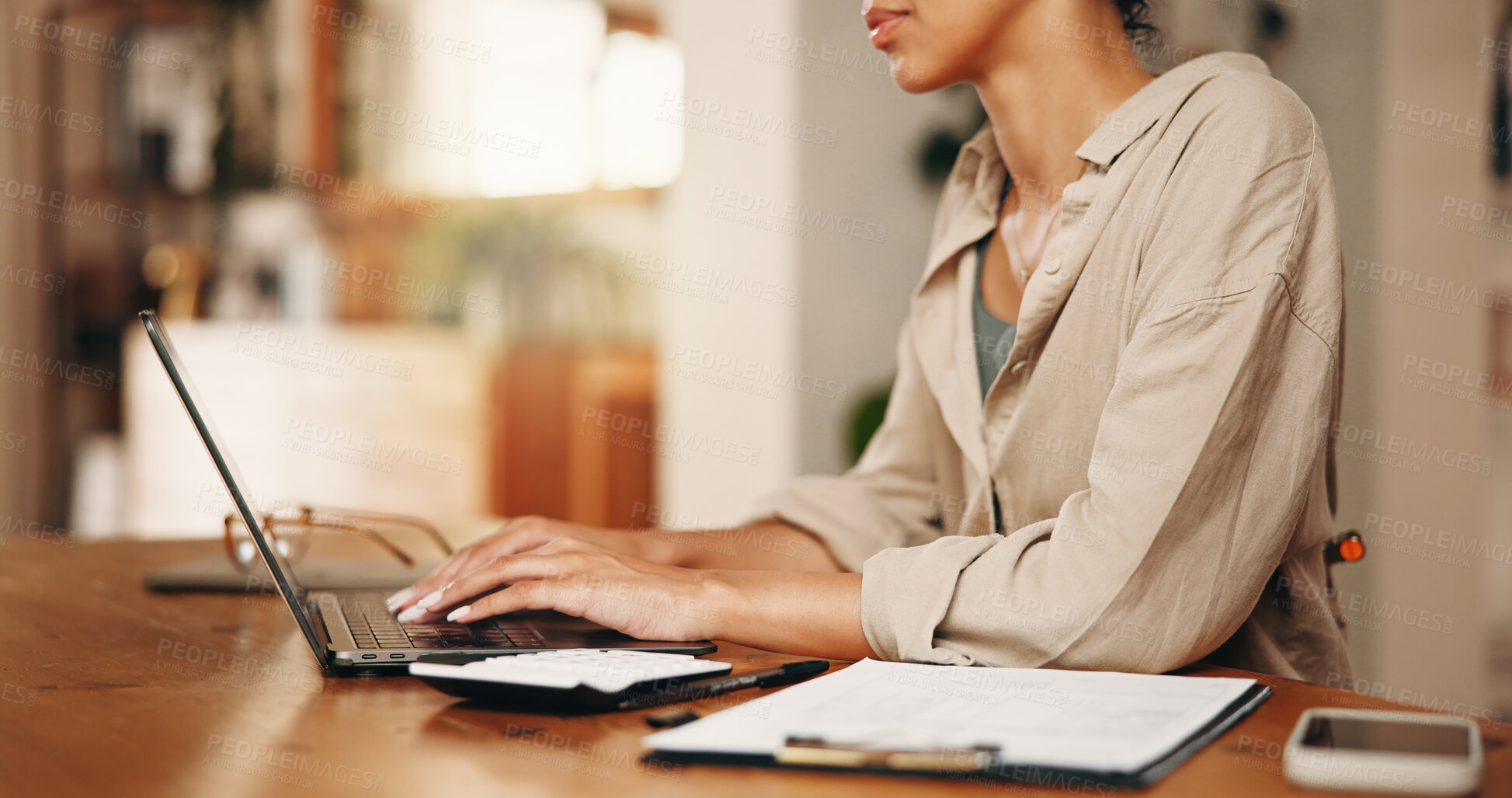 Buy stock photo Woman, hands and clipboard in apartment with laptop, research and administration for utility bills. Person, checklist and computer in home with financial planning, household expense and tax return.