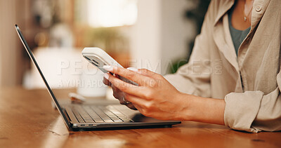 Buy stock photo Laptop, phone or hands of woman with remote work, two step verification or check email for password. System credentials, tech or freelancer with login details for online access, cybersecurity or home