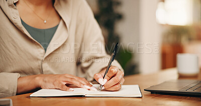 Buy stock photo Remote work, notebook or hands in house with laptop, draft brainstorming or insight notes for article. WFH, woman or journalist at table with tech, story development or writing ideas for publication
