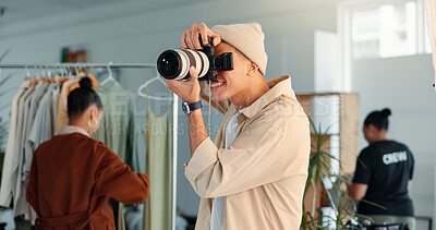 Buy stock photo Man, photographer or studio with camera crew, stylist or team for production or photoshoot. Male person, cameraman or employee with lens for creative agency, commercial business or marketing campaign