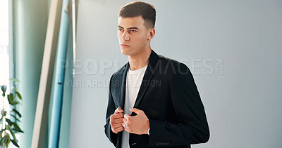 Buy stock photo Photography, model and man in studio on set for photoshoot with fashion, style or catalog. Serious, professional and person with shooting for magazine cover with creative career for designer clothes.