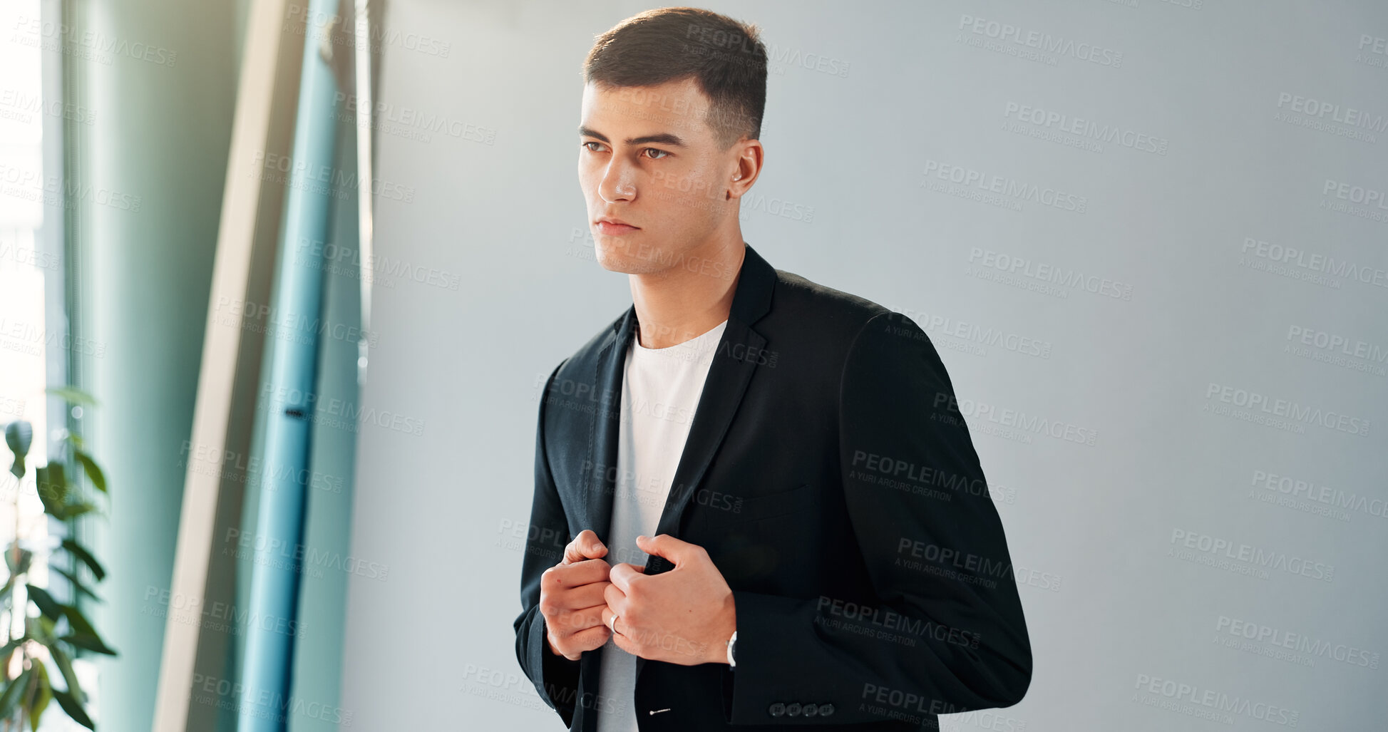 Buy stock photo Photography, model and man in studio on set for photoshoot with fashion, style or catalog. Serious, professional and person with shooting for magazine cover with creative career for designer clothes.