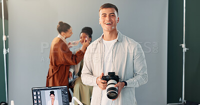 Buy stock photo Photographer, portrait and man with camera, studio and creative team in backstage or post production. Happy, artist and person with tech for photography, behind the scenes and setup for photoshoot