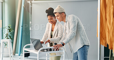 Buy stock photo Laptop, photography and teamwork with people in studio together for feedback or production planning. Computer, discussion or photoshoot with happy photographers on set for film or media review