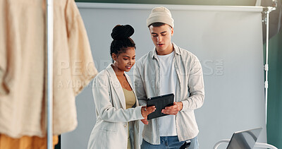 Buy stock photo Photography, tablet and review with people in studio together for production planning or teamwork. App, photoshoot or talking with photographer man and woman on set for film or media feedback