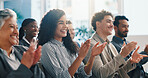 Seminar, smile and applause with business people for celebration, thank you and well done. Clap, conference and happy audience at workshop for achievement, excellence and success in corporate office