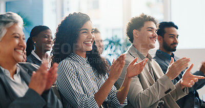Buy stock photo Seminar, smile and applause with business people for celebration, thank you and well done. Clap, conference and happy audience at workshop for achievement, excellence and success in corporate office