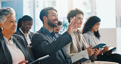 Buy stock photo Business, man and raised hand with question in seminar for participation, answer speaker and attention. Male person, notebook and gesture with faq, tradeshow feedback and inquiry at global convention