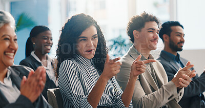 Buy stock photo Woman, audience and applause at business seminar with finger guns, support and excited for announcement. People, corporate staff and happy with sign, clapping hands and achievement at finance agency