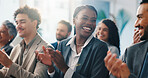 Conference, smile and applause with team of business people, celebrate goal or excited. Clap, seminar and happy audience at workshop for achievement, excellence and success in corporate office