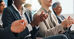 Hands, seminar and applause with business people for celebration, congratulations or goal. Clap, conference and audience at workshop for achievement, excellence and success in corporate office