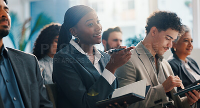 Buy stock photo Business, audience and woman with notebook in seminar for finance expo, knowledge or agreement. Global workshop, crowd or female person with notes for financial literacy or wealth management training