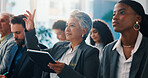 Business, woman and raised hand with tablet in seminar for question, answer speaker and attention. Mature person, digital and gesture of faq, tradeshow feedback and participation for employee opinion