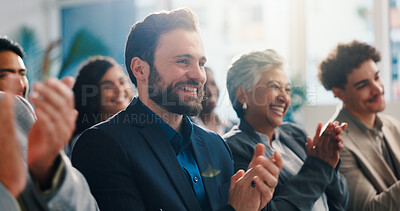Buy stock photo Conference, audience and applause with business man for celebration, congratulations or support. Clap, seminar and happy crowd at workshop for achievement, excellence or success in corporate office