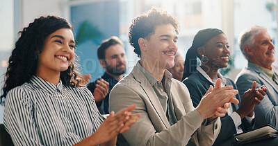 Buy stock photo Conference, audience and applause with business people for celebration, congratulations or target. Clap, seminar and happy crowd at workshop for achievement, excellence or success in corporate office