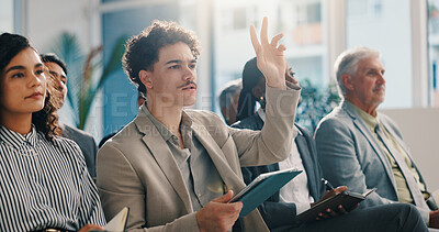 Buy stock photo Business, man and raised hand with tablet in seminar for questions, answer speaker and attention. Male person, digital and faq with gesture, tradeshow interaction and participation for employee vote
