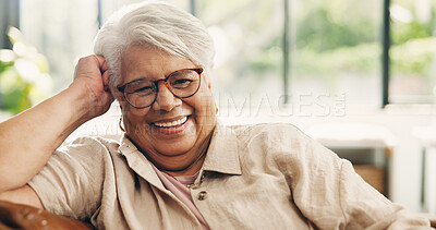Buy stock photo Portrait, senior woman and relax at house with peace, calm morning and comfortable on sofa. Smile, elderly person and laugh on couch, positive attitude and weekend break for retirement in living room