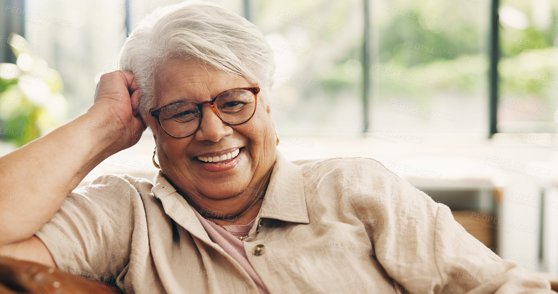 Buy stock photo Portrait, senior woman and relax at house with peace, calm morning and comfortable on sofa. Smile, elderly person and laugh on couch, positive attitude and weekend break for retirement in living room