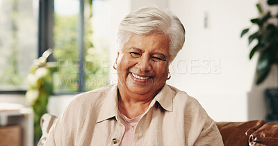 Buy stock photo Happy, senior woman and relax at house with peace, calm morning and comfortable on sofa. Portrait, elderly person and laugh on couch, positive attitude and weekend break for retirement in living room