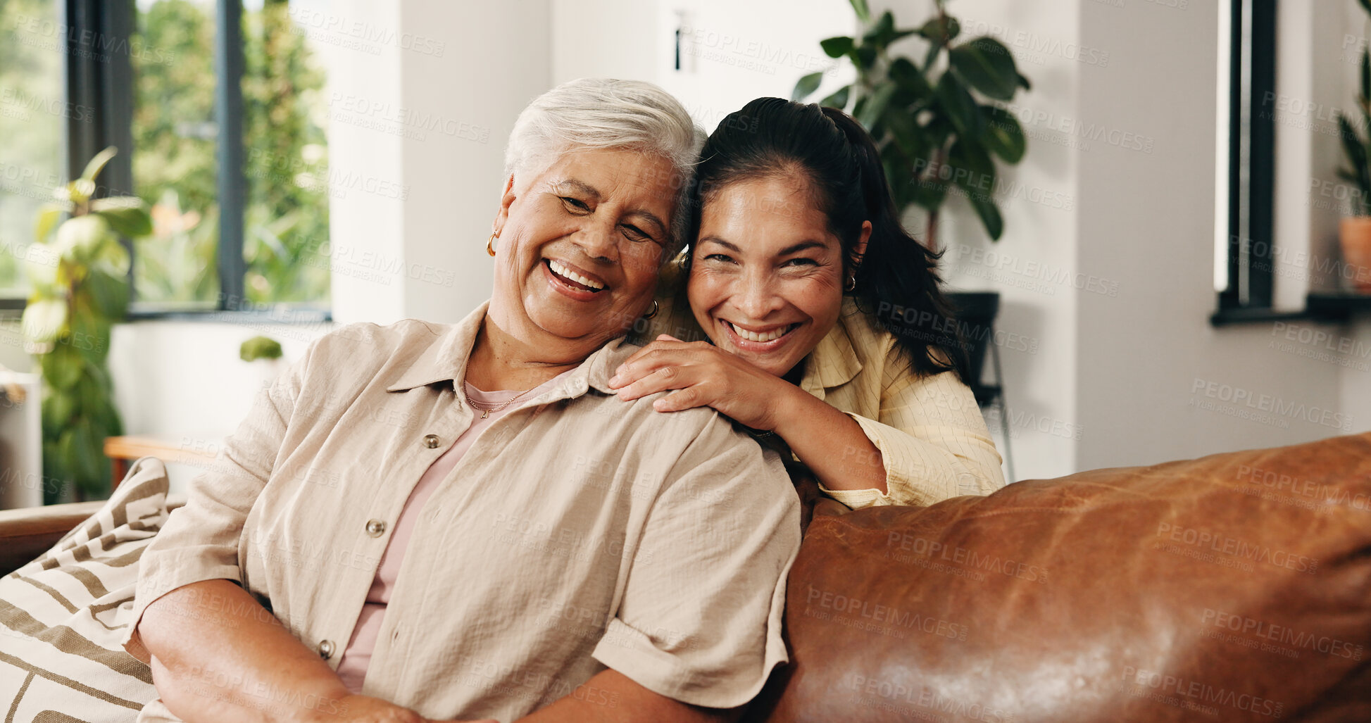 Buy stock photo Portrait, senior mother and woman on sofa with smile, love or laugh together in living room. Home, elderly mom and adult daughter with happy family, funny or bonding for connection with embrace