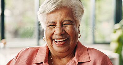 Buy stock photo Portrait, senior woman and laugh at house with peace, calm morning and comfortable on sofa. Smile, elderly person and relax with joke, positive attitude and weekend break on retirement in living room