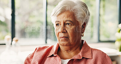 Buy stock photo Thinking, sad and old woman in house with choice, problem solving and mistake in bad decision. Confused mindset, bokeh or senior person in home with doubt, questioning or regret in past memory.