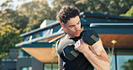 Bodybuilder, man and outdoor with dumbbells for exercise, muscle development and health. Morning, training and athlete person with weights for fitness by home for endurance, challenge and workout