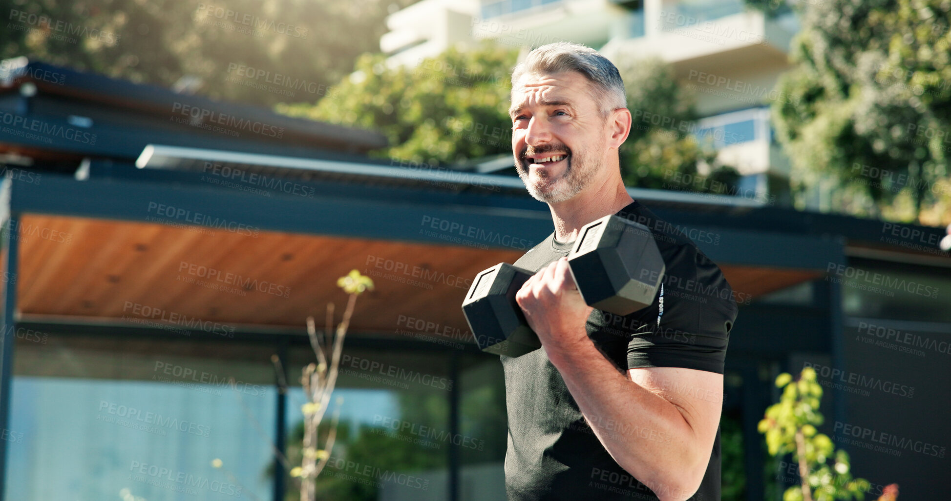 Buy stock photo Mature, man and outdoor with dumbbells for fitness, muscle development and health. Bodybuilder, training and athlete person with weights for exercise by home for endurance, challenge and workout