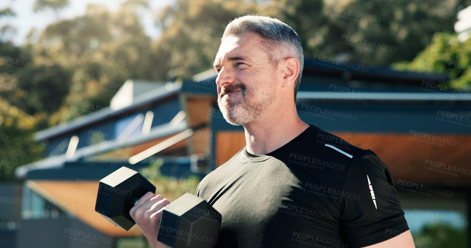 Buy stock photo Mature, man and outdoor with dumbbells for training, muscle development and health. Bodybuilder, workout and athlete person with weights for fitness by home for endurance, challenge and exercise