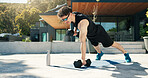 Athlete, man and outdoor with dumbbells for training, muscle development and health. Sunglasses, fitness and bodybuilder person with weights for exercise by home for push up, challenge and workout