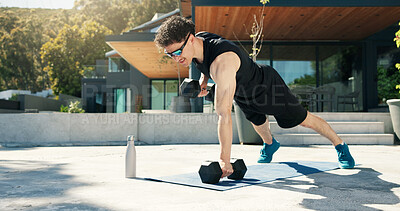 Buy stock photo Athlete, man and outdoor with dumbbells for training, muscle development and health. Sunglasses, fitness and bodybuilder person with weights for exercise by home for push up, challenge and workout