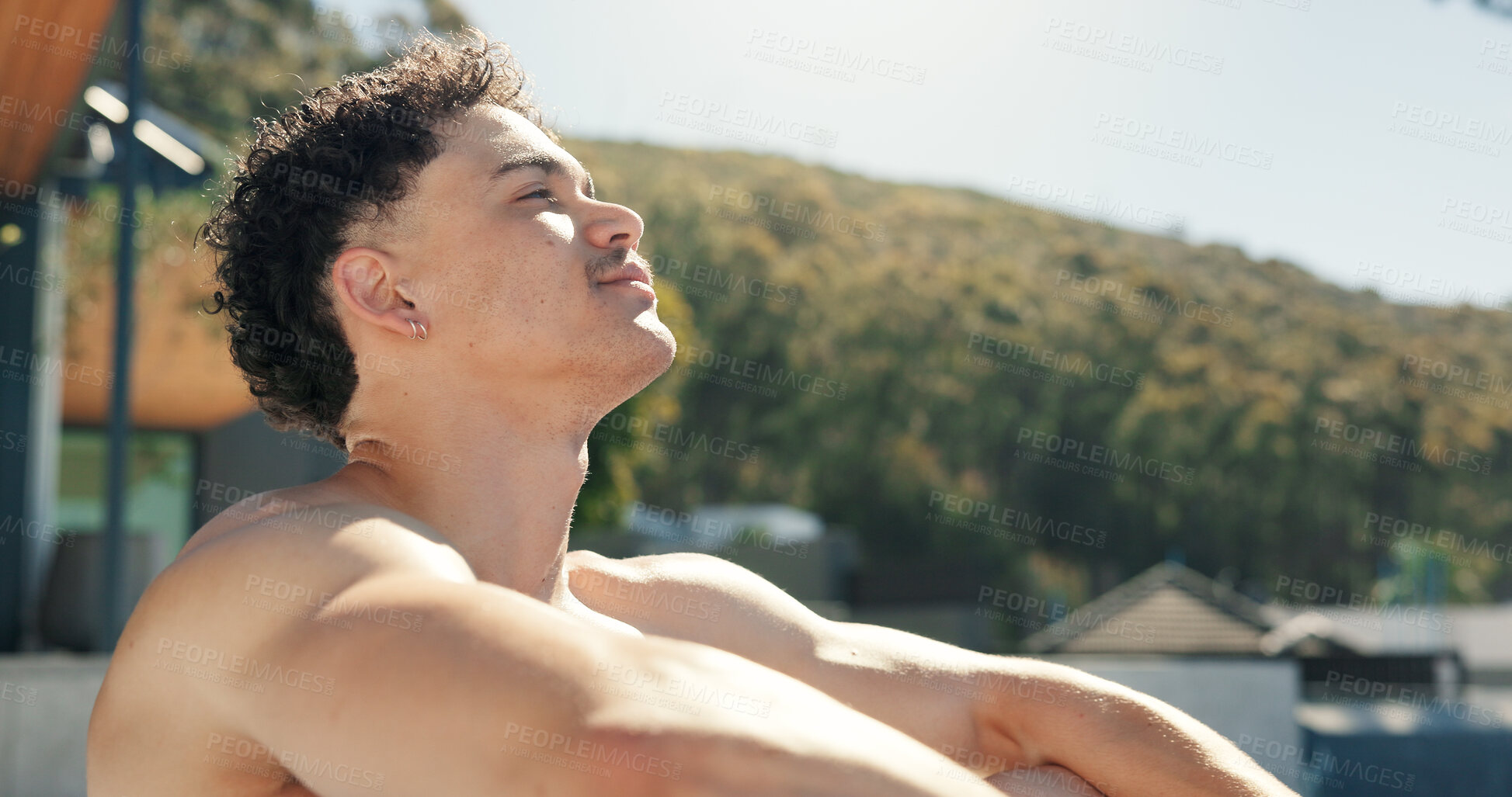 Buy stock photo Man, relax and thinking outdoor with summer holiday, contemplation or remember memory on weekend break. Calm, person and reflection in home backyard with daydream, thought and nostalgia for vacation.