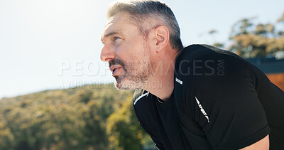 Buy stock photo Breathing, fitness and thinking with man outdoor for fatigue, sports or training routine as runner. Exercise, tired and vision with mature person in neighborhood for recovery, rest or workout