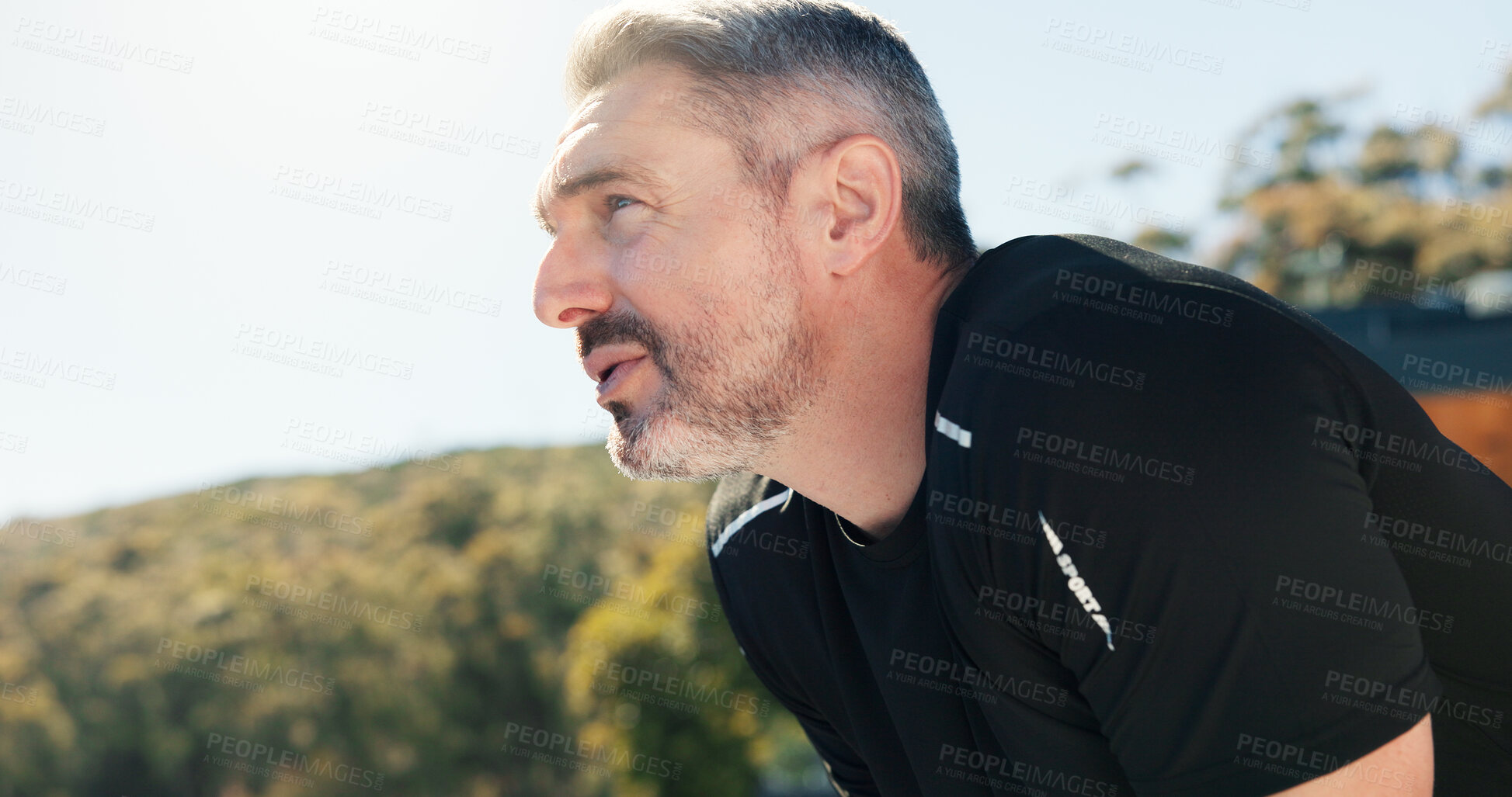 Buy stock photo Breathing, fitness and thinking with man outdoor for fatigue, sports or training routine as runner. Exercise, tired and vision with mature person in neighborhood for recovery, rest or workout