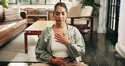 Buy stock photo Yoga, woman and breathing in house with meditation, chakra healing and peace for wellness. Zen, mature person and mindfulness in living room with breathwork, spiritual awareness and holistic health.