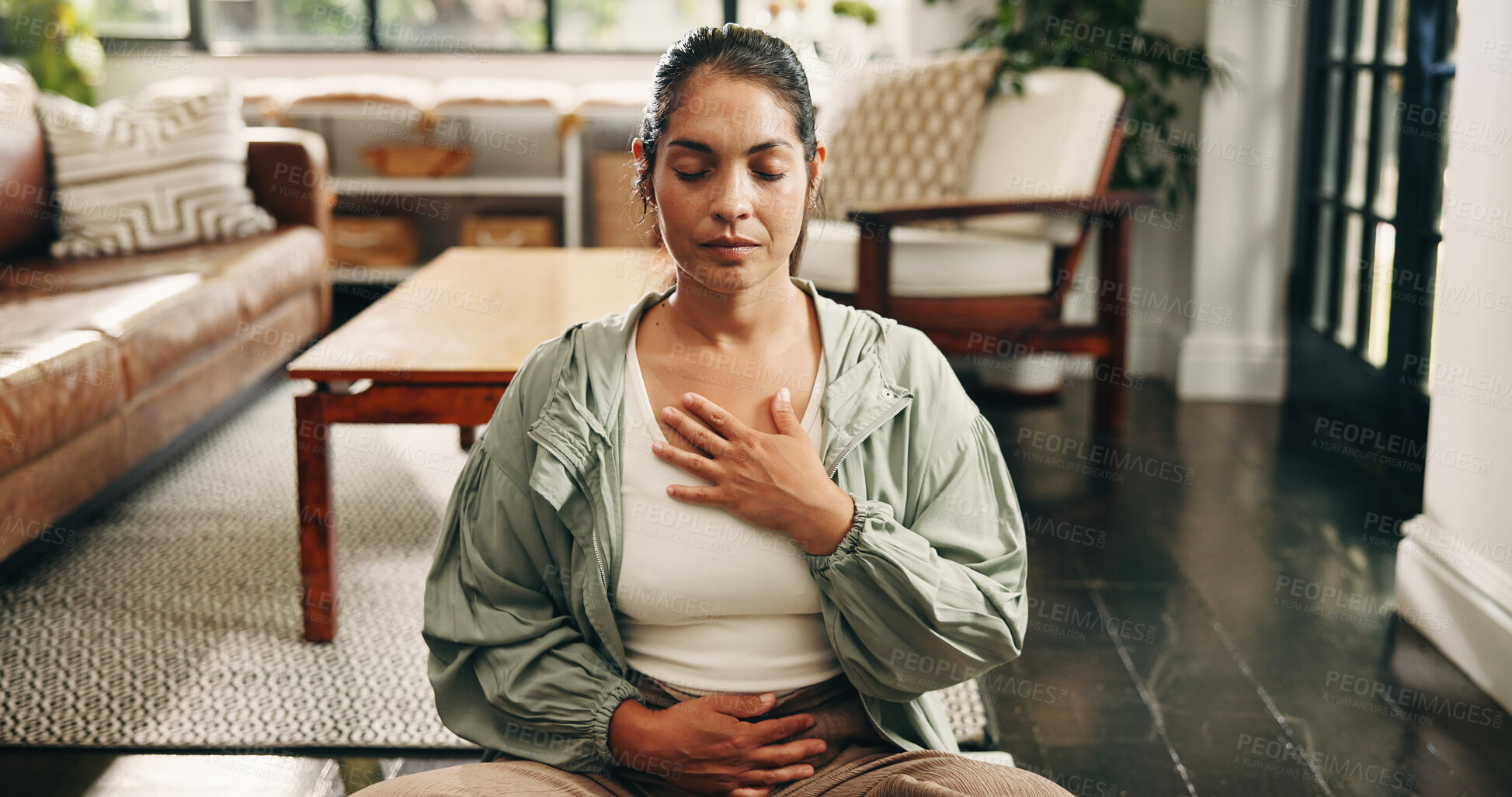 Buy stock photo Yoga, woman and breathing in house with meditation, chakra healing and peace for wellness. Zen, mature person and mindfulness in living room with breathwork, spiritual awareness and holistic health.