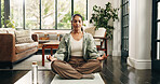 Yoga, mudra or woman in house with meditation, calm practice or mindfulness in wellness activity. Inner peace, hobby or person in home with lotus, zen or mindset improvement for holistic health.