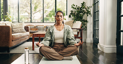 Buy stock photo Yoga, mudra or woman in house with meditation, calm practice or mindfulness in wellness activity. Inner peace, hobby or person in home with lotus, zen or mindset improvement for holistic health.