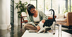 Yoga, happy woman and pet cat in home for care, love and bonding with companion for fitness break. Lounge, yogi and stroke kitty on mat for support with loyalty, connection and post exercise on floor
