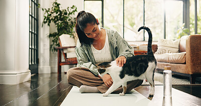 Buy stock photo Yoga, happy woman and pet cat in home for care, love and bonding with companion for fitness break. Lounge, yogi and stroke kitty on mat for support with loyalty, connection and post exercise on floor