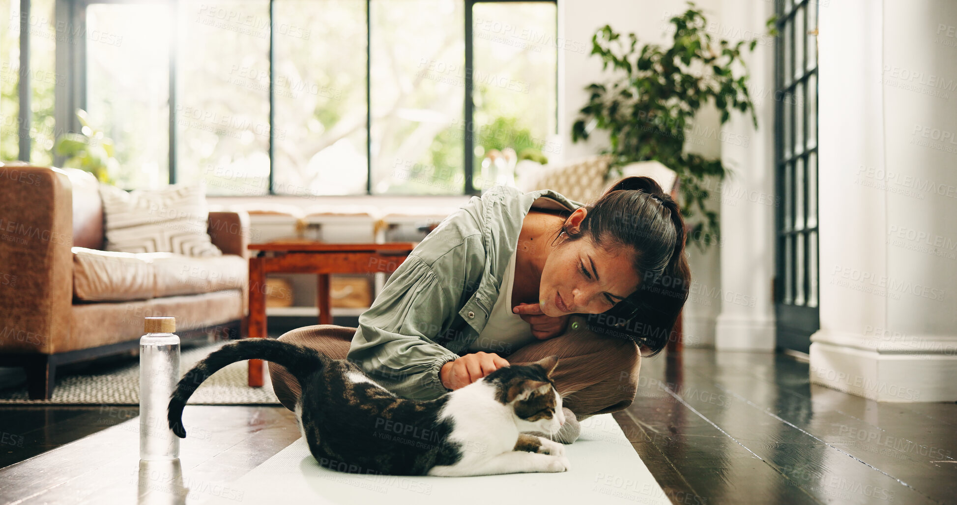 Buy stock photo Yoga, woman and pet cat in home for care, love and bonding with companion for fitness break. Living room, yogi and stroke kitty on mat for support with loyalty, connection and post exercise on floor