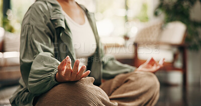 Buy stock photo Yoga, mudra or hands in house with meditation, calm practice or mindfulness in wellness activity. Inner peace, bokeh or woman in home with lotus, zen or mindset improvement for holistic health.