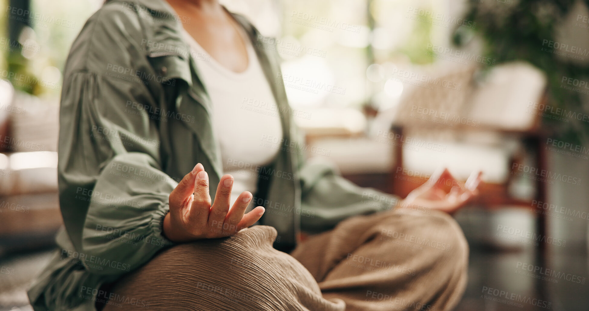 Buy stock photo Yoga, mudra or hands in house with meditation, calm practice or mindfulness in wellness activity. Inner peace, bokeh or woman in home with lotus, zen or mindset improvement for holistic health.