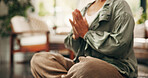 Yoga, namasta or hands in home with meditation, calm practice or mindfulness in wellness activity. Inner peace, bokeh or woman in house with lotus, zen or mindset improvement for holistic health.