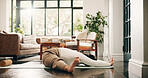 Fitness, stretching and woman with yoga mat in home, morning practice and flexibility routine for health. Holistic activity, pilates and person with bend in lounge, posture exercise and wellness