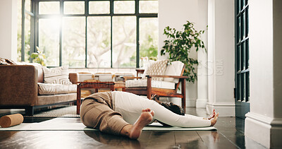 Buy stock photo Fitness, stretching and woman with yoga mat in home, morning practice and flexibility routine for health. Holistic activity, pilates and person with bend in lounge, posture exercise and wellness